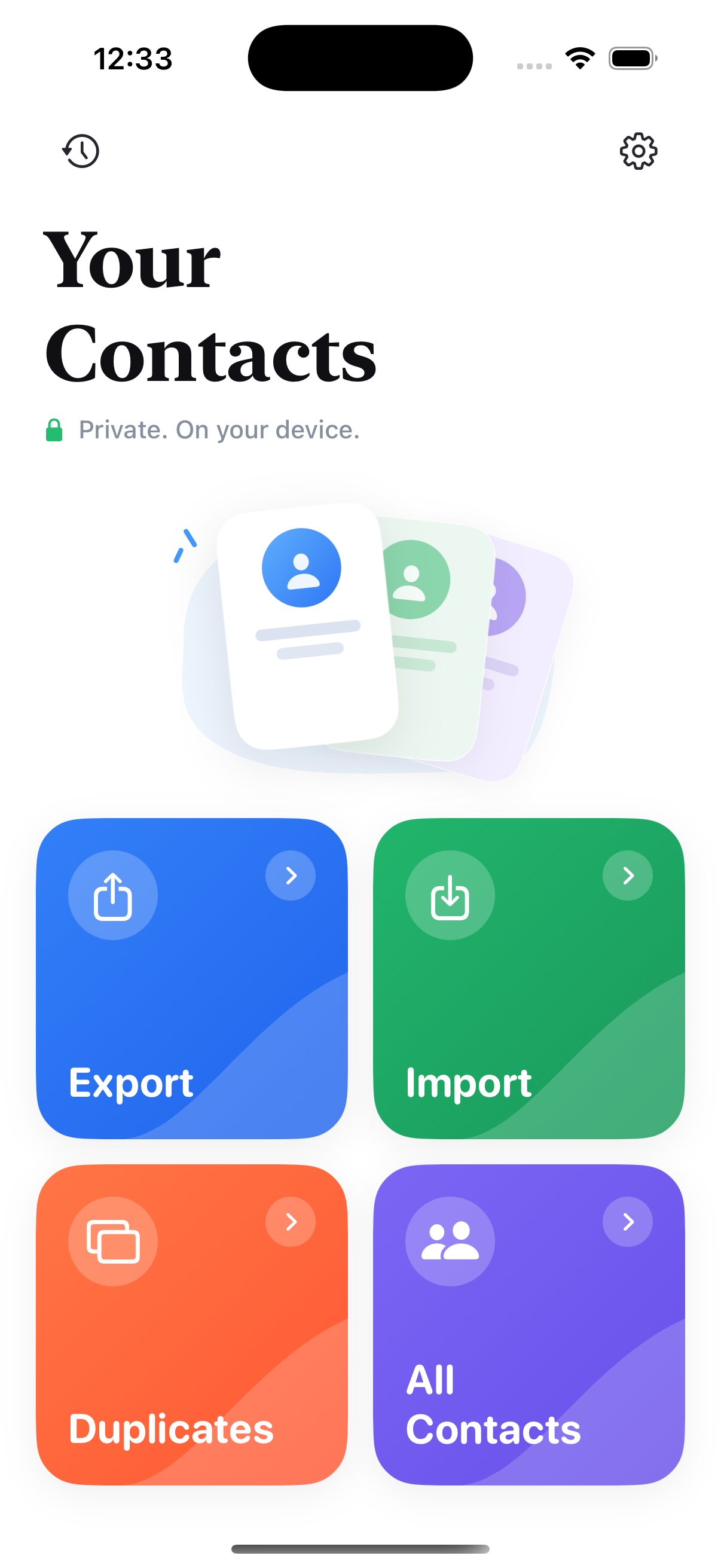 Folivio iOS application live running on iPhone 17 simulator showing contact export and backup tools